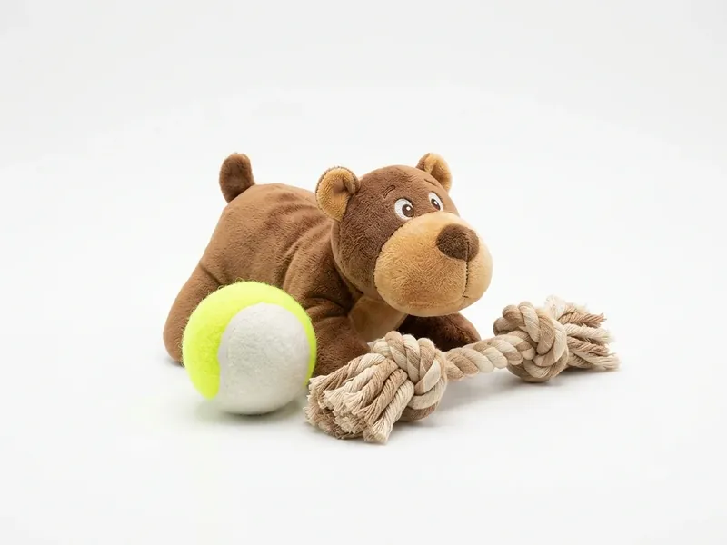 Pelota, hueso de peluche y cuerda